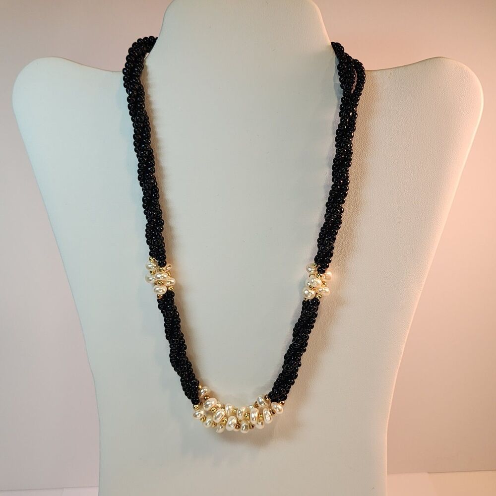 Vintage 3 Strand Black Glass Seed Bead White Faux Pearl Necklace 19”